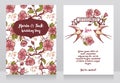 Cards for wedding with blooming tree branches and swallows couple Royalty Free Stock Photo