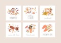 Cards' set with sewing, embroidery, needlework, crochet and bead craft hobbies. Design of stickers with different Royalty Free Stock Photo
