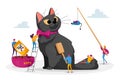 Care of Animals. People Spending Time with Pet. Tiny Male and Female Characters on Ladders Care of Huge Cat, Feed, Play