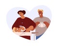 Care for baby banner with parents changing baby diaper, flat vector isolated.