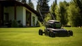 Green working lawn gardener spring mow cut care summer grass mower equipment outdoors