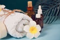 Care, beauty and spa concept. Organic soap, small bottles with essential oils, white towel, palm leaf, plumeria frangipani flower