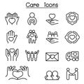 Care, Charity, Kindness icon set in thin line style
