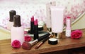 Care and decorative cosmetics, face lotion, body cream, lip gloss, lipstick, makeup a brushes