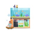 Care of Fish Pets, Aquaristics Hobby Concept. Female Character Measure Water Temperature in Aquarium with Various Decor
