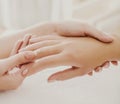 Care for Gentle Hands of Client in Beauty Salon. Royalty Free Stock Photo