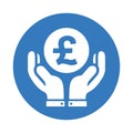 Care hands, money pound sterling support icon. Blue vector