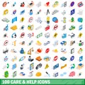 100 care and help icons set, isometric 3d style