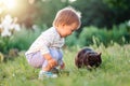 Care of pet. A little Caucasian baby girl is sitting next to a black cat. In the background, green grass and garden Royalty Free Stock Photo