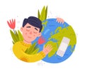 Care About Planet with Man Embracing Green Globe with Arms as Ecology and Environment Protection Vector Illustration Royalty Free Stock Photo