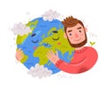 Care About Planet with Man Embracing Green Globe with Arms as Ecology and Environment Protection Vector Illustration Royalty Free Stock Photo