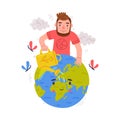 Care About Planet with Man with Watering Can and Green Globe as Ecology and Environment Protection Vector Illustration