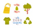 Care About Planet with Tree, Recycle Sign and Shopping Bag as Ecology and Environment Protection Vector Sticker Set