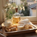 Care ritual: wooden tray with natural cosmetics in your bathroom Royalty Free Stock Photo