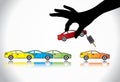 Care Sale or Car Key Concept Illustration hand silhouette choosing red colored car with automatic key