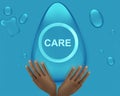 Care written on egg shaped water bubble and hand on bottom illustration