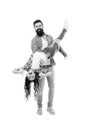 Care you can trust. Father holding little daughter in hands trusting support. Bearded father and small girl child Royalty Free Stock Photo