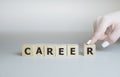 Career adviser assembling the word career with six wooden cubes in a conceptual image of personal guidance towards self Royalty Free Stock Photo