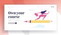 Career Boost Website Landing Page. Business Woman Flying on Pencil Rocket to Working Success and Goal Achievement