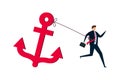 Career burden, held back or no career path in work, tried stress businessman trying hard to run forward with heavy anchor