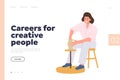 Career for creative people landing page with woman potter character modeling ceramics utensils