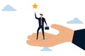 Career development support, helping hand lift up businessman employee to overcome obstacle reaching the star in the sky