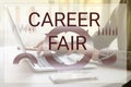 Career fair. Woman working with laptop at table