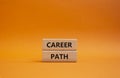 Career path symbol. Concept word Career path on wooden blocks. Beautiful orange background. Business and Career path concept. Copy Royalty Free Stock Photo