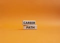 Career path symbol. Concept word Career path on wooden blocks. Beautiful orange background. Business and Career path concept. Copy Royalty Free Stock Photo