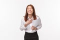 Career, profession and women concept. Portrait of talkative happy funny asian woman laughing out loud, giggle with