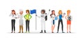 Career staff character vector design include janitor, businessman, gamer, fitness trainer, astronaut and doctor.