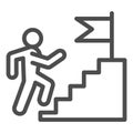 Career staircase line icon. Climbing man to success on top of flag pedestal outline style pictogram on white background