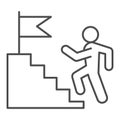 Career staircase thin line icon. Climbing man to success on top of flag pedestal outline style pictogram on white