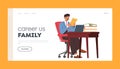 Career Vs Family Landing Page Template. Busy Man Character Seated At An Office Desk Surrounded By Papers, Using Computer