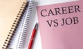 CAREER VS JOBS word on the pink paper with office tools on white background