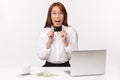 Career, work and women entrepreneurs concept. Close-up portrait cheerful young asian woman sitting in office with laptop Royalty Free Stock Photo