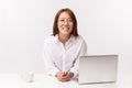 Career, work and women entrepreneurs concept. Close-up portrait of cheerful young businesswoman sitting in office, lean