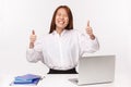 Career, work and women entrepreneurs concept. Close-up portrait of satisfied cheerful asian office lady smiling happy Royalty Free Stock Photo