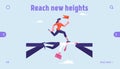 Careerist Reach Goal Walk over Heads Website Landing Page. Business Woman with Red Flag Overcome Broken Bridge