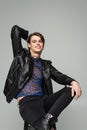 carefree bigender person in black leather Royalty Free Stock Photo