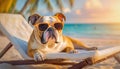 Carefree bulldog wearing sunglasses laying like a boss on the sunbed at tropical beach. Summer holiday for pets with a dog resting Royalty Free Stock Photo