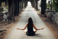 Carefree calm woman meditating in nature.Finding inner peace.Yoga practice.Spiritual healing lifestyle.Enjoying peace,anti-stress Royalty Free Stock Photo