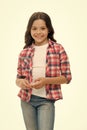 Carefree and casual. Girl cute checkered shirt and denim pants looks happy cheerful. Child girl happy carefree enjoy