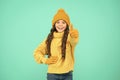 Carefree childhood. Winter vacation. Clothes shop. Winter collection. Small child wear hat gloves sweater. Climate