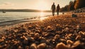 Carefree couple enjoys tranquil sunset walk on beautiful coastline generated by AI