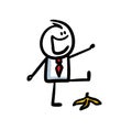 Carefree doodle office employee walking and is ready to step on the banana peel.