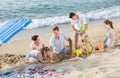 Carefree family of six people playing together on beach Royalty Free Stock Photo