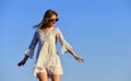 Carefree girl. Freedom. Impulsiveness and ease. Naturalness concept. Dancing woman. Mental health. Girl blue sky Royalty Free Stock Photo