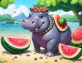 A carefree hippopotamus sells watermelons