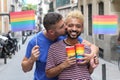 Carefree homosexual couple celebrating diversity